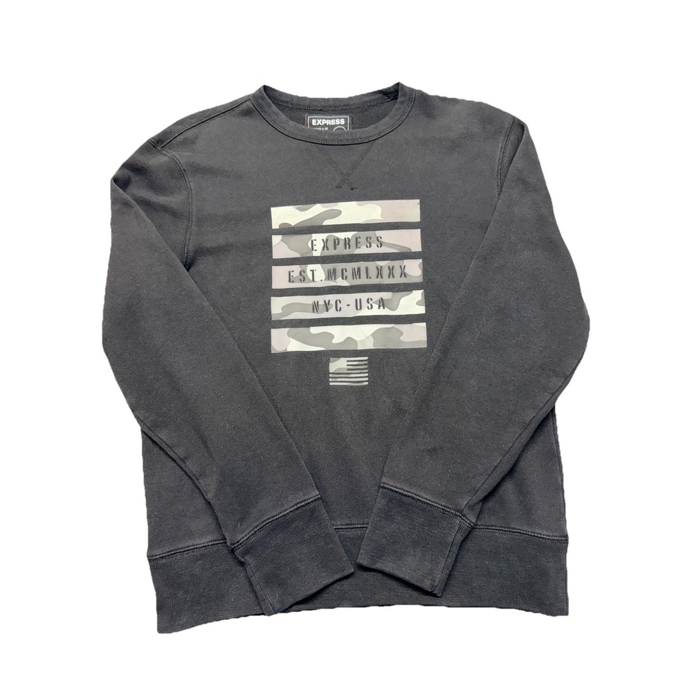Express Men's Graphic Black Crewneck Sweatshirt Fleece NYC USA Camo Logo - Small
